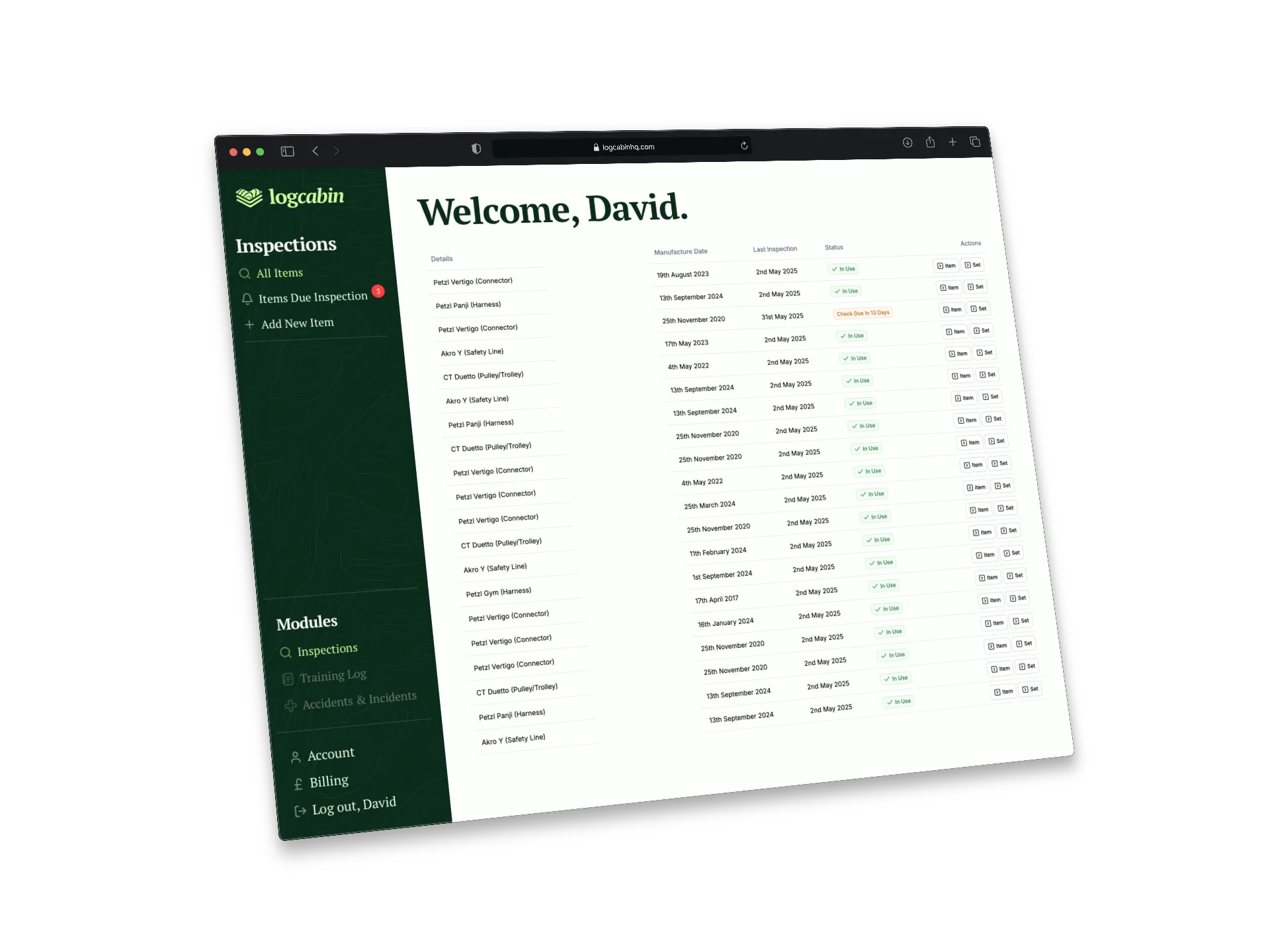 LogCabin inspection management software dashboard showing incident logging and training logs interface